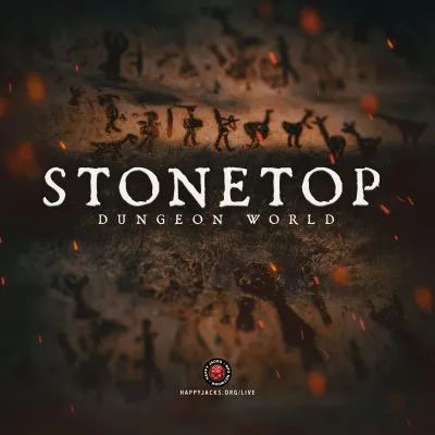 An ad card for Stonetop AP from the Happy Jacks RPG Network. It features neolithic cave paintings and the words "Stonetop. Dungeon World" across its center.