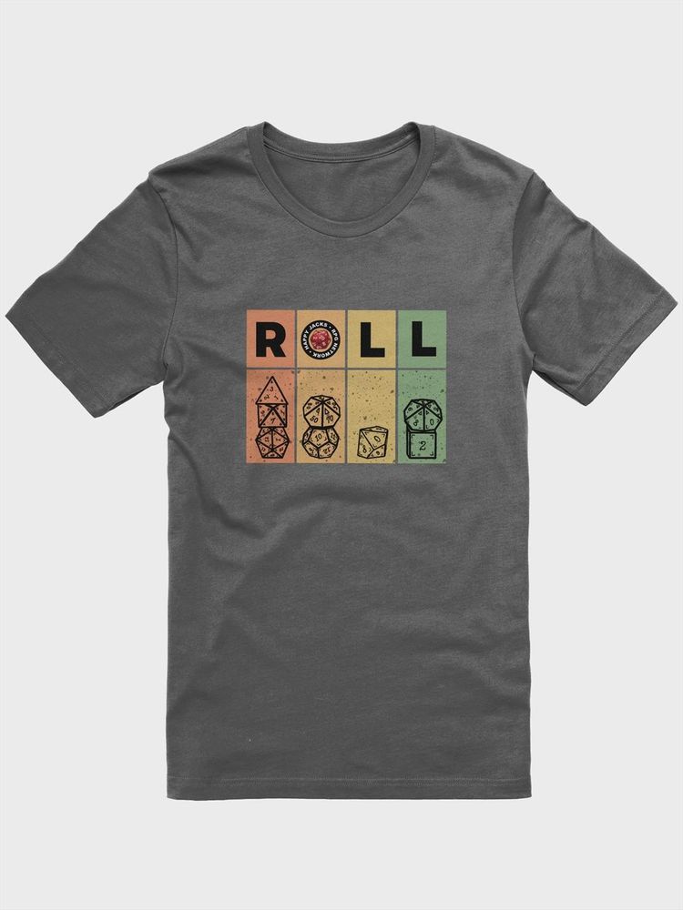 A grey tee with a set of retro-colored dice across the chest. It says roll on the chest.