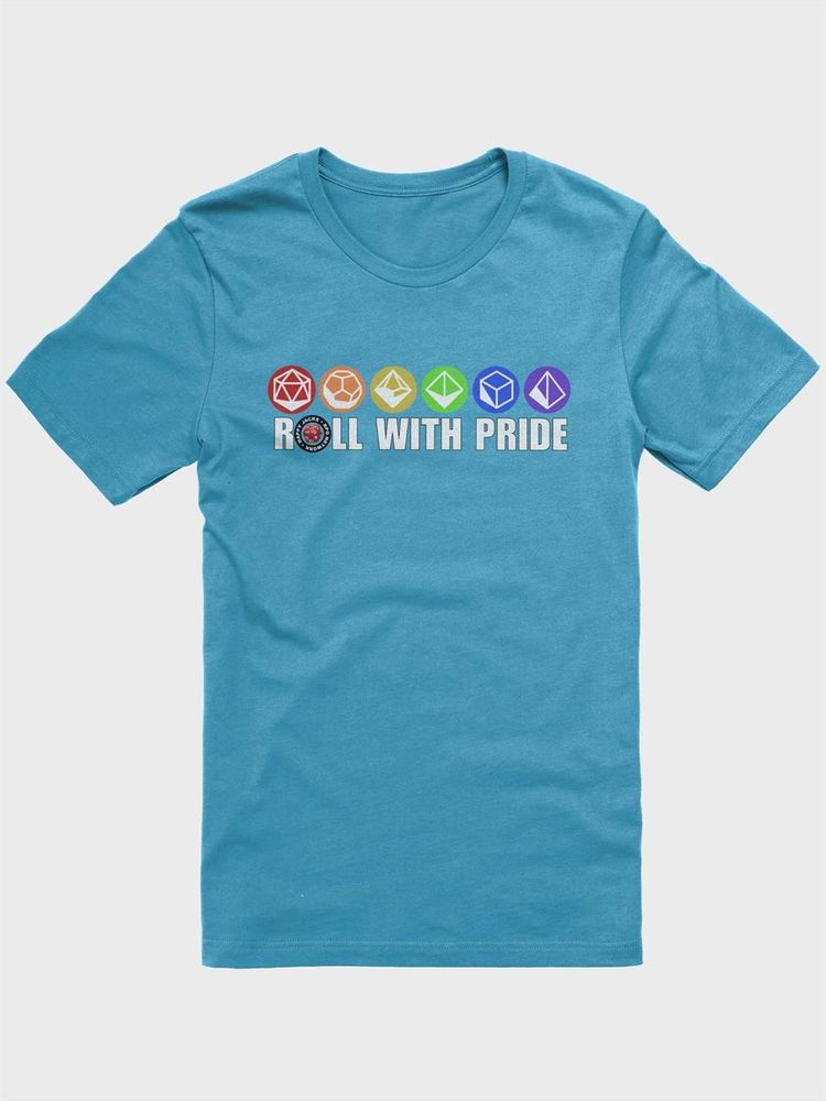 A blue tee with a set of rainbow colored dice across the chest. It says roll with pride below it. 