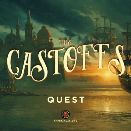 An ad card for The Castoffs AP from the Happy Jacks RPG Network. It features a scene of a fantasy city from the water with a boat sailing toward it.