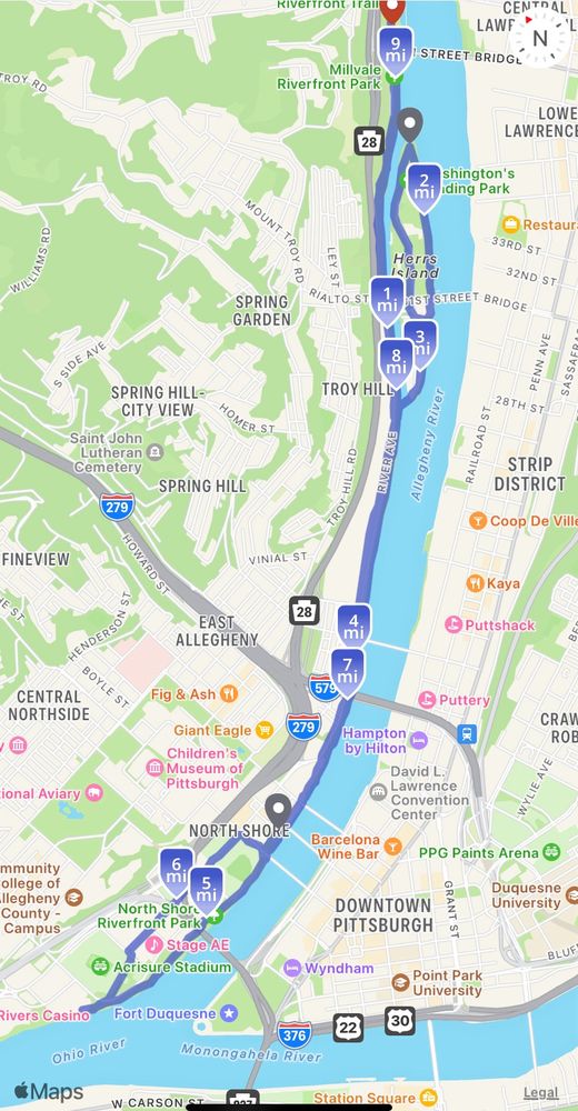 A map showing a running route in Pittsburgh.