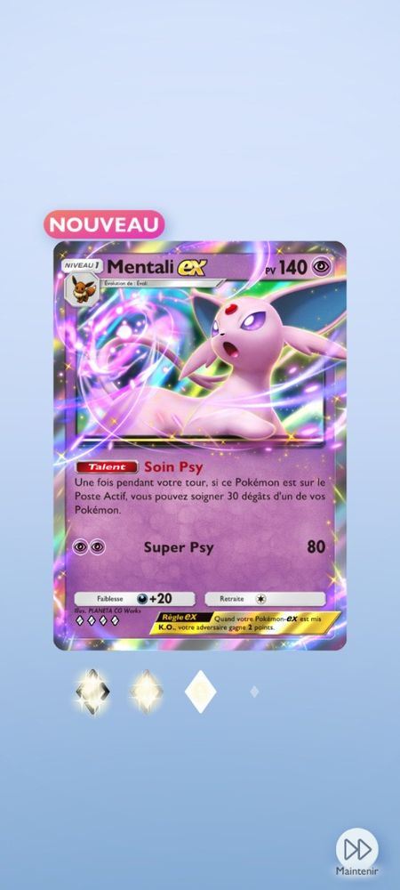 Carte Pokémon TCGP Mentali Ex

Artwork de MEntali

Talent " Soins psy "

" Une fois pendant votre tour, si ce pokémon est sur le poste actif vous pouvez soigner 30 dégâts de vos Pokémon ".

Super psy 80