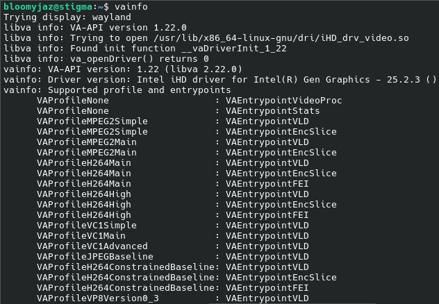 Screenshot of a terminal window showinmg the output of "vainfo" command.
Text (which you should skip if you're using a screen reader cause it is long):
"bloomyjaz@stigma:~$ vainfo Trying display: wayland libva info: VA-API version 1.22.0 libva info: Trying to open /usr/lib/x86_64-linux-gnu/dri/iHD_drv_video.so libva info: Found init function __vaDriverInit_1_22 libva info: va_openDriver() returns 0 vainfo: VA-API version: 1.22 (libva 2.22.0) vainfo: Driver version: Intel iHD driver for Intel(R) Gen Graphics - 25.2.3 (f1b0b27) vainfo: Supported profile and entrypoints VAProfileNone : VAEntrypointVideoProc VAProfileVAEncFEI : VAEntrypointStats VAProfileMPEG2Simple : VAEntrypointVLD VAProfileMPEG2Simple : VAEntrypointEncSlice VAProfileMPEG2Main : VAEntrypointVLD VAProfileMPEG2Main : VAEntrypointEncSlice VAProfileH264Main : VAEntrypointVLD VAProfileH264Main : VAEntrypointEncSlice VAProfileH264Main : VAEntrypointFEI VAProfileH264Main : VAEntrypointStats VAProfileH264High : VAEntrypointVLD VAProfileH264High : VAEntrypointEncSlice VAProfileH264High : VAEntrypointFEI VAProfileH264High : VAEntrypointStats VAProfileH264ConstrainedBaseline: VAEntrypointVLD VAProfileH264ConstrainedBaseline: VAEntrypointEncSlice VAProfileH264ConstrainedBaseline: VAEntrypointFEI VAProfileH264ConstrainedBaseline: VAEntrypointStats VAProfileJPEGBaseline : VAEntrypointVLD VAProfileVP9Profile0 : VAEntrypointVLD VAProfileVP9Profile1 : VAEntrypointVLD VAProfileVP9Profile2 : VAEntrypointVLD VAProfileVP9Profile3 : VAEntrypointVLD VAProfileHEVCMain : VAEntrypointVLD VAProfileHEVCMain : VAEntrypointEncSlice VAProfileHEVCMain10 : VAEntrypointVLD VAProfileHEVCMain10 : VAEntrypointEncSlice VAProfileHEVCMain12 : VAEntrypointVLD VAProfileVP8Version0_3 : VAEntrypointVLD"