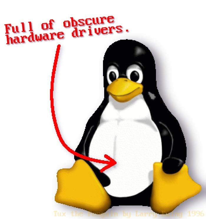 meme I made of Tux the Penguin (Linux kernel mascot) with text saying, “Full of obscure hardware drivers” and a red arrow pointing to their belly. Tux the Penguin created by Larry Ewing 1996 via The GIMP.