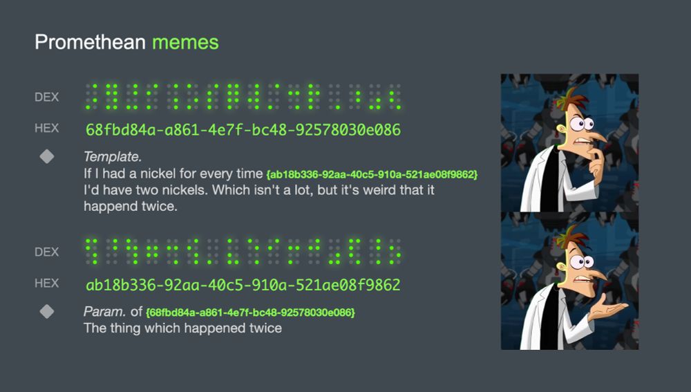 On the left, two Promethean words. The first references the "two nickels" meme from Phineas and Ferb. The meme goes: If I had a nickel for every time (something happened), I'd have two nickels. Which isn't a lot, but it's weird that it happened twice. The second Promethean word is a reference to the parameter of that meme - whatever thing may have happened twice.

On the right is a picture of the original two-panel meme template with Dr. Doofenshmirtz without text.
