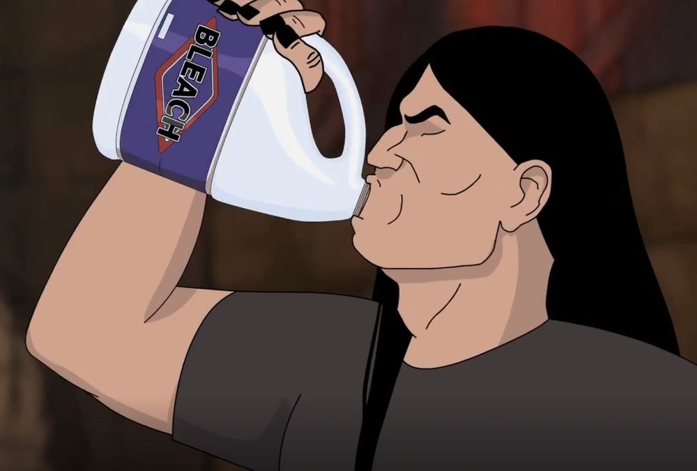 Nathan Explosion of Metalocalypse enjoying a nice bottle of bleach.