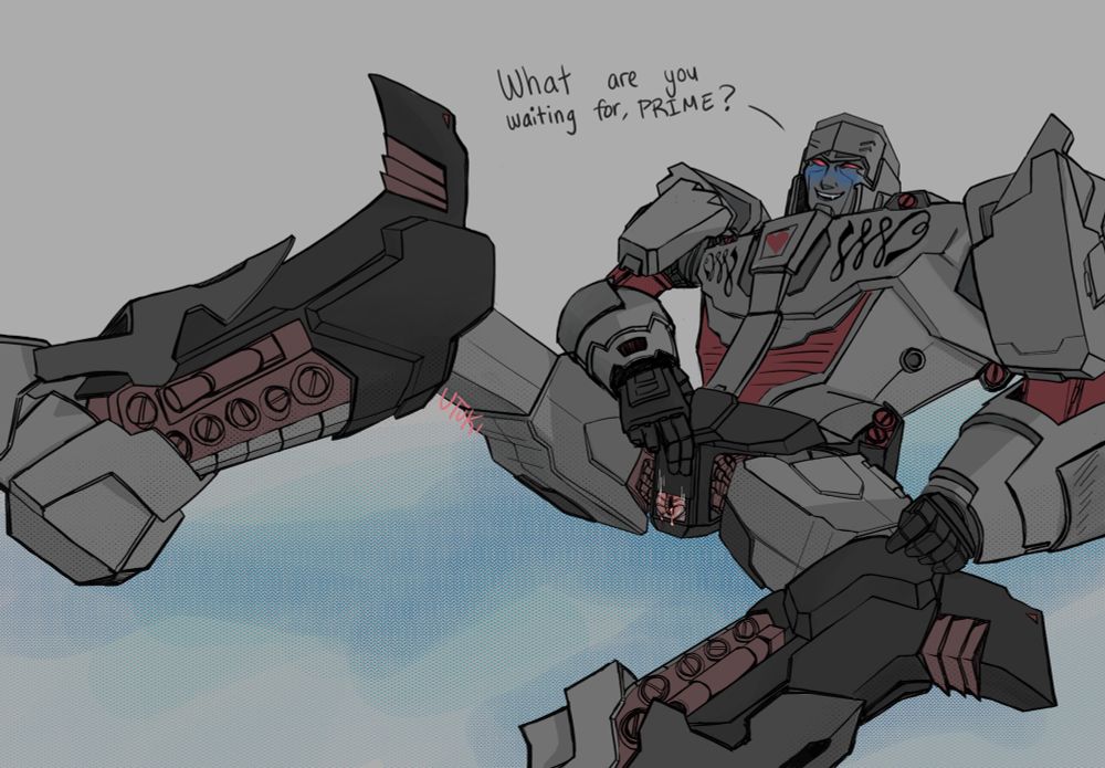 idw megatron laying down and sliding up his modesty panel with a grin on his face. he says “what are you waiting for, prime?”