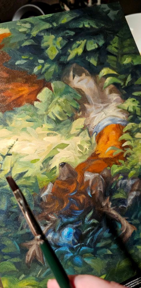 Risc, resting in foliage holding a magical blue orb. WIP - Acrylic traditional painting

#furryart #traditional