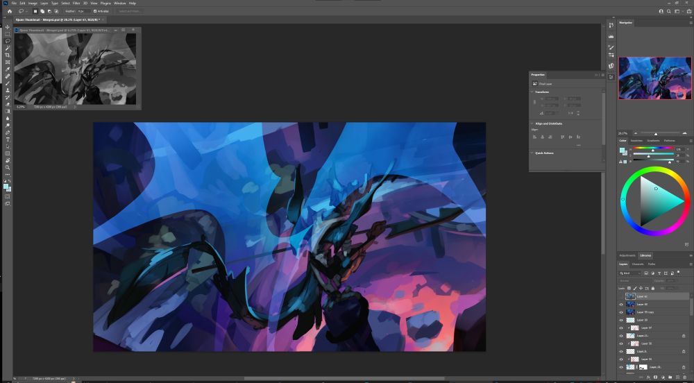 Looking to make a few small changes before finalizing this:
- have the magical wings adjust closer to the thumbnail for better character silhouette 
- testing new pose with arms/removing spear
- adding in details such as floating rubble, and missing outfit details from thumbnail 