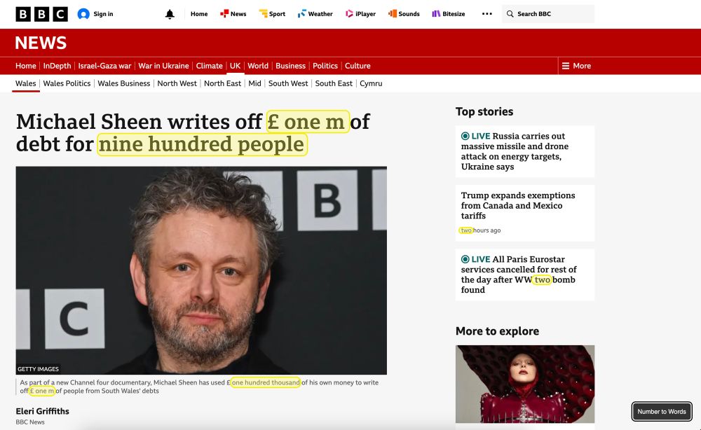 The same BBC news article with the numbers translated into words for example 900 in numerals people has become nine hundred people in words.