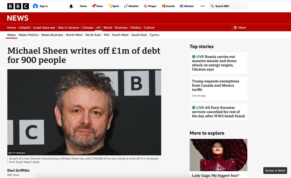 A BBC news screenshot with content that contains numbers like "900 people". There is a button in the corner with the label "Number to words"