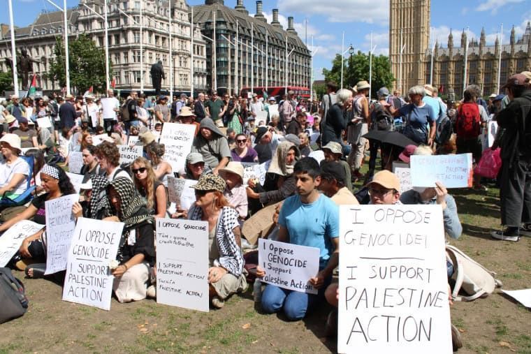 Hundreds of people gathered in parliament square to oppose the ban of Palestine Action, courageously displaying signs reading "I oppose genocide. I support Palestine Action." while knowing the police had been instructed to arrest anyone who showed support for Palestine Action under anti-terrorism laws.