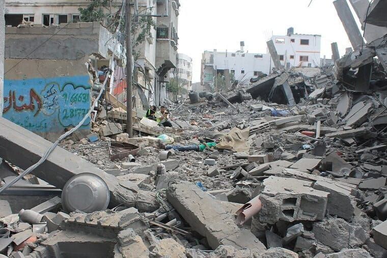 Street level view of ruins in part of Gaza City,  after 22 months of Israeli bombardment
