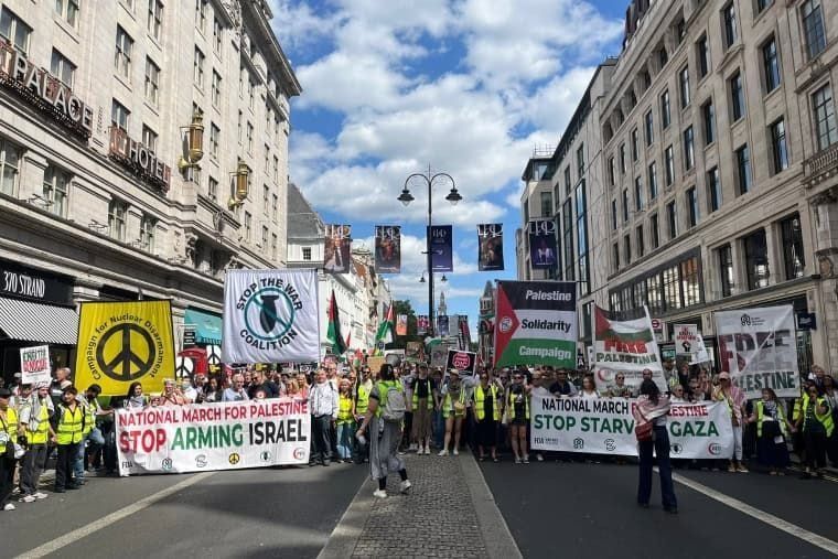 At the front of the Palestine national demonstration in London, with banners  demanding that governments Stop Arming Israel and that the Israeli state Stop Starving Gaza