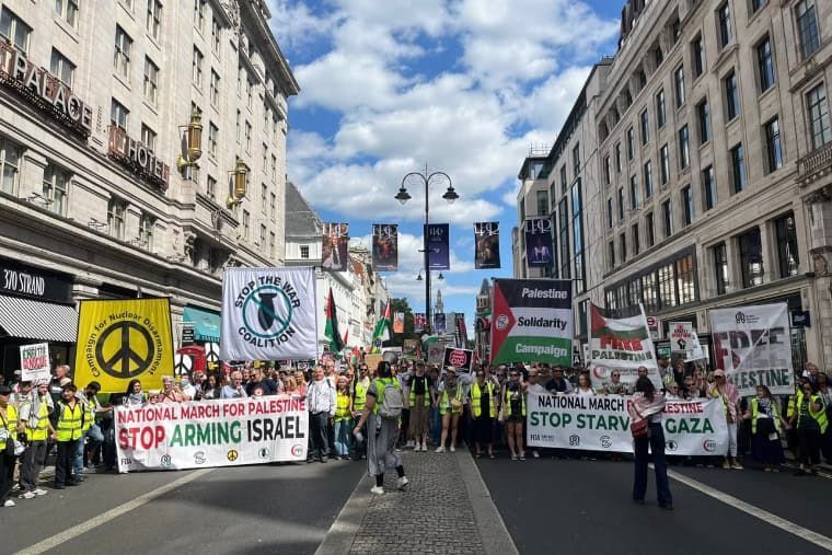At the front of the Palestine national demonstration in London, with banners  demanding that governments Stop Arming Israel and that the Israeli state Stop Starving Gaza