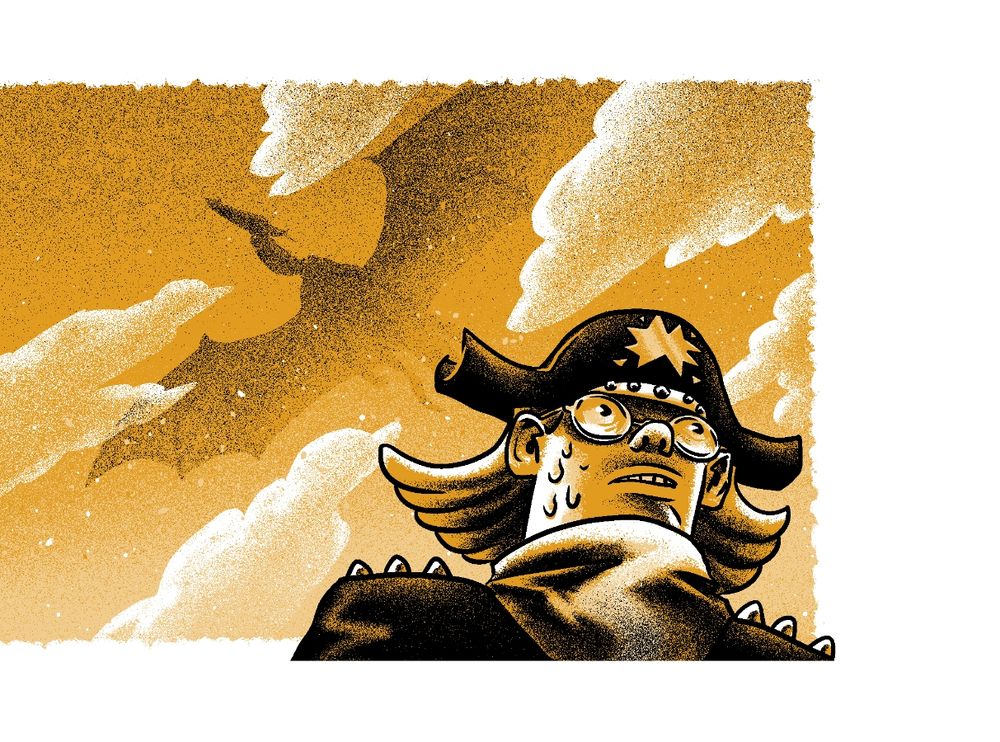 Ilustração de uma clériga nervosa em primeiro plano. No céu, a silhueta de um dragão voando ao longe.
