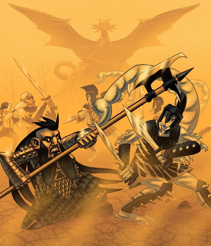 Uma ilustração mostrando três aventureiros (uma anã, um elfo e um humano) enfrentando um bando de escorpiões humanoides com armaduras estilo espartanos. A luta acontece em um ambiente árido. Ao fundo, um dragão assiste o confronto deitado com as asas abertas sobre um rochedo.