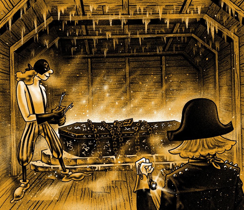 Ilustração de dois aventureiros encontrando um caixão acorrentado em uma sala de um navio de madeira. O ladino está próximo do caixão com ferramentas na mão para arrombar as correntes. Mais longe, a clériga segura seu amuleto sagrado que brilha. O caixão é de metal enferrujado, está coberto de runas místicas e emite uma aura de frio no ambiente, fazendo estalactites se formarem no teto.
