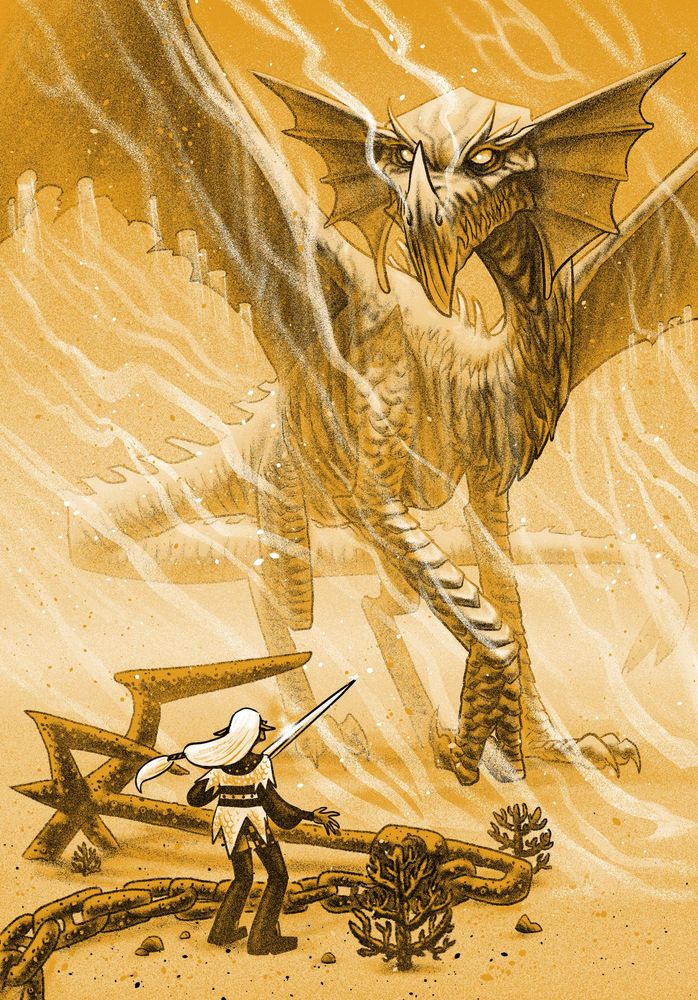 Ilustração de um elfo com uma espada encontrando um dragão magro no leito seco de um mar. O dragão encara o elfo ameaçadoramente. Há uma grande âncora com uma corrente enferrujada entre os dois.