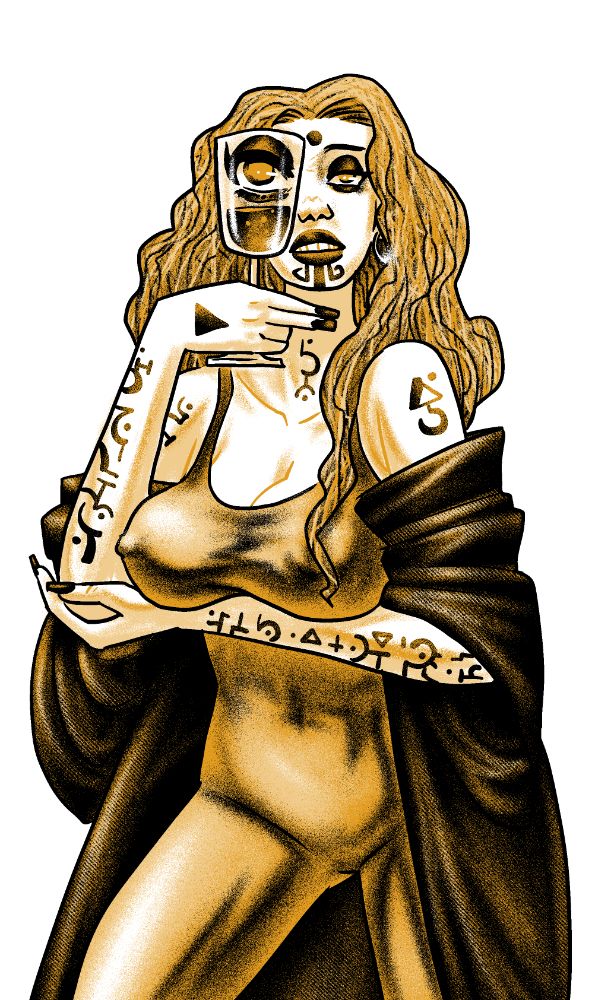 Ilustração de uma feiticeira sensual com uma taça de vidro na frente de um dos olhos, aumentando-o como uma lupa. Ela tem várias runas arcanas tatuadas no corpo.