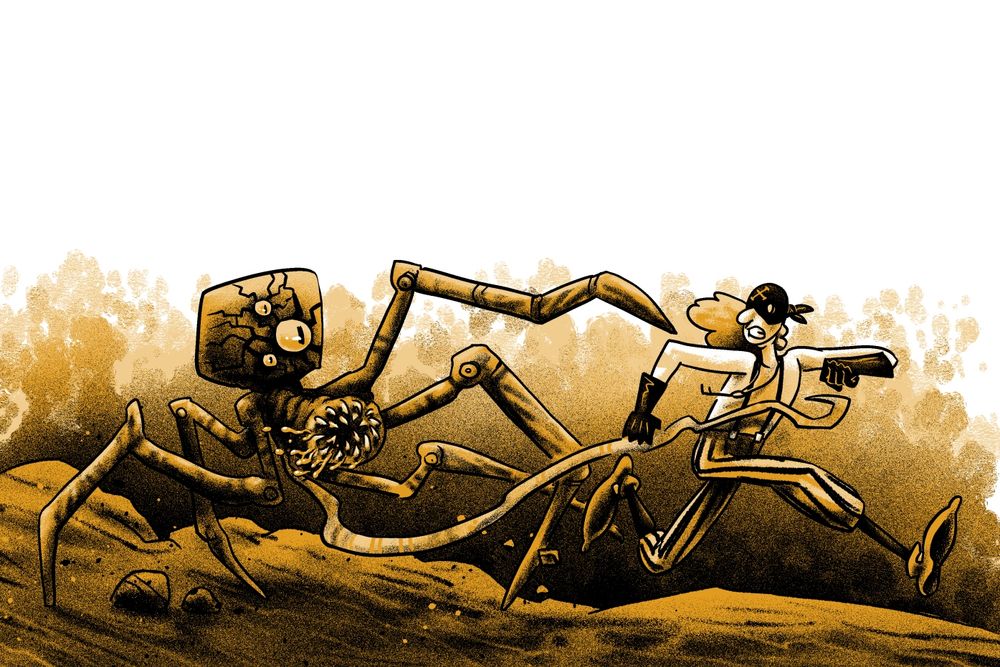 Illustration of a rogue adventurer fleeing from a hungry alien spider. The alien has five legs, three eyes, a salivating mouth full of lamprey-like teeth, and a long tail that attempts to grab the adventurer.