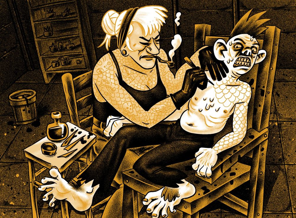 Ilustração de uma tatuadora humana com cara de brava tatuando escamas em um halfling que parece muito desconfortável com a situação. O ambiente ao redor é uma sala com paredes e chão de metal enferrujado.