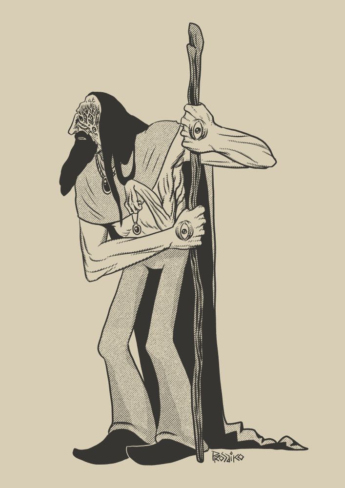 Illustration of a middle-aged man in a cloak leaning on a staff. He is bearded and has long hair. His eyes are covered in scars as if they had been burned out. He has eyes on the backs of his hands and a withered arm protruding from his ribs. This arm holds an amulet hanging from a string.