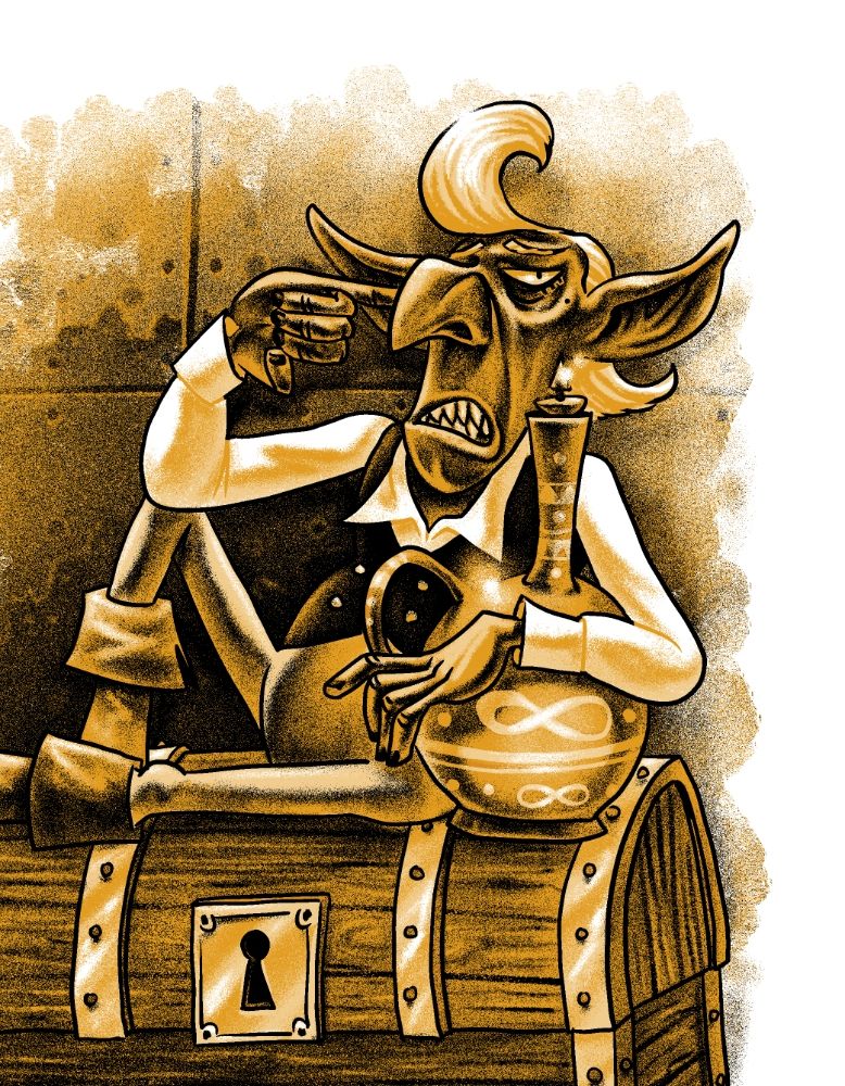 Ilustração de um goblin metido a besta olhando com desdém. Ele coça a orelha com o dedo mindinho, abraça um jarro com o símbolo de infinito estampado e está sentado preguiçosamente sobre um baú.
