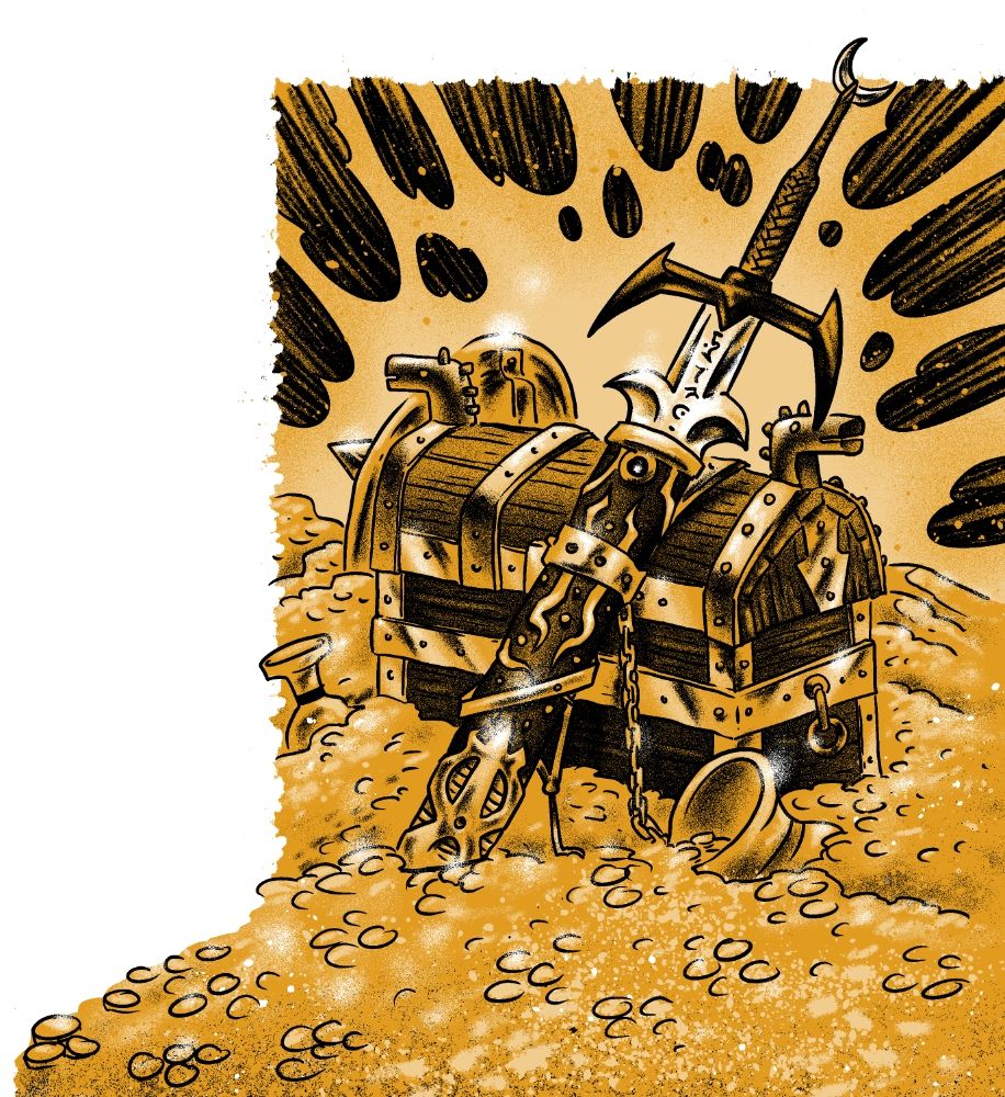 Ilustração de um tesouro. Se destacam entre as pilhas de moedas de ouro um baú, alguns jarros, uma espada de duas mãos e um escudo.