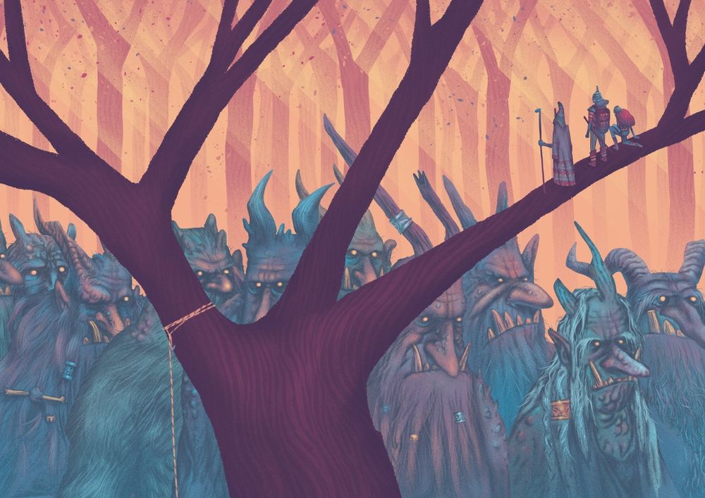 Ilustração de três aventureiros no alto de uma árvore assistindo uma procissão de trolls gigantes.
