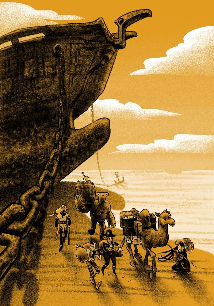 Illustration of five adventurers, a golem and a camel moving away from a huge rusty ship in a desert landscape. The characters have chests, barrels and bags full of treasures. One of them, the elf, walks with difficulty supported by a crutch.