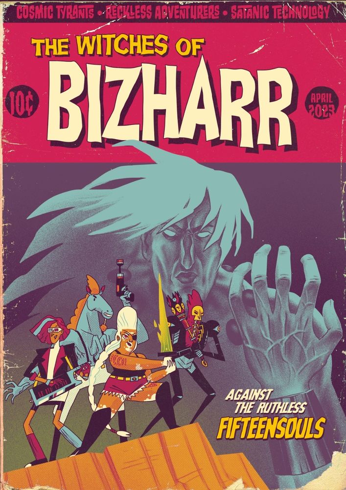 Capa em inglês do gibi As Bruxas de Bizharr Contra o Implacável Quinzalmas.