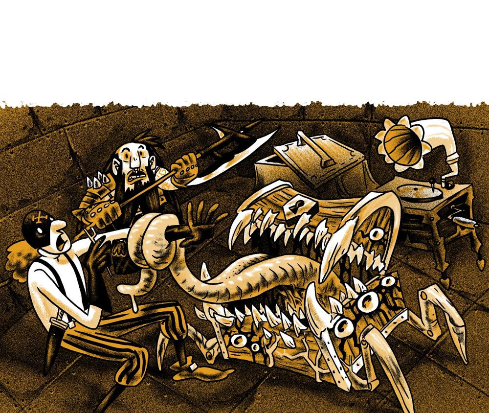 Ilustração de um mímico que estava em forma de baú se revelando e agarrando com sua longa língua o braço do ladino que tentava abrir o baú. Atrás dele, um guerreira anã segura seu machado com surpresa. Na sala de metal enferrujado há também um outro baú de pedra semi aberto e uma vitrola.