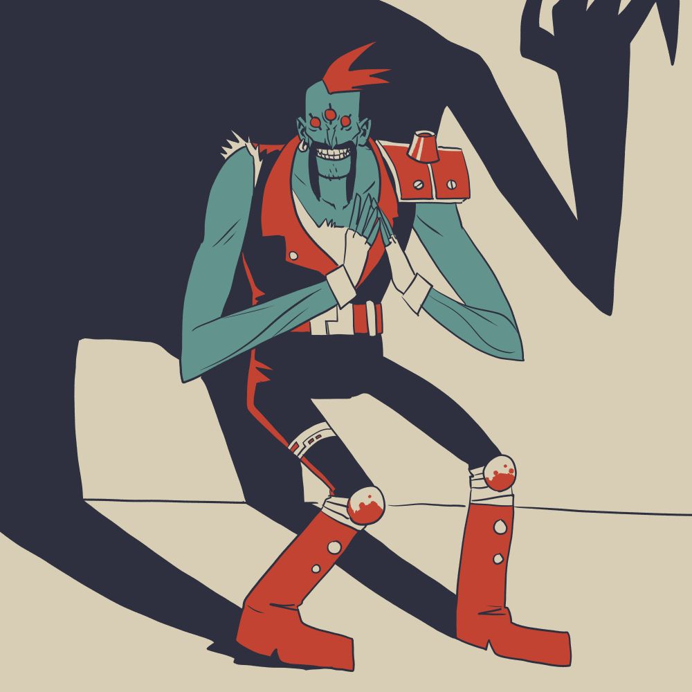 Ilustração de um gigante com três olhos e um visual meio punk. Sua sobra está projetada na parede de forma ameaçadora não seguindo exatamente seus movimentos.