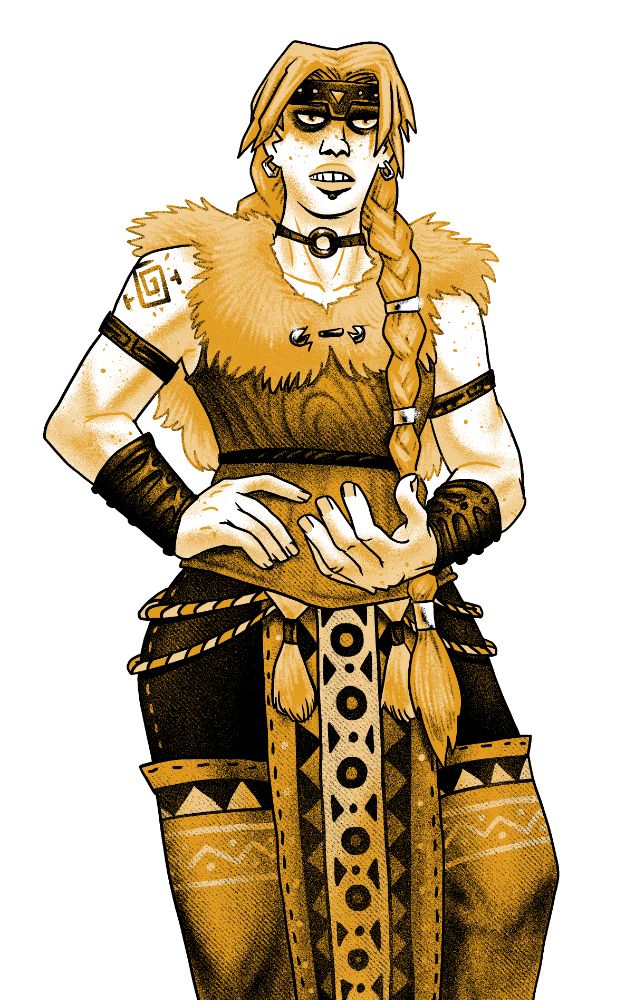 Ilustração de uma guerreira tribal estendo a mão como se argumentasse com alguém.