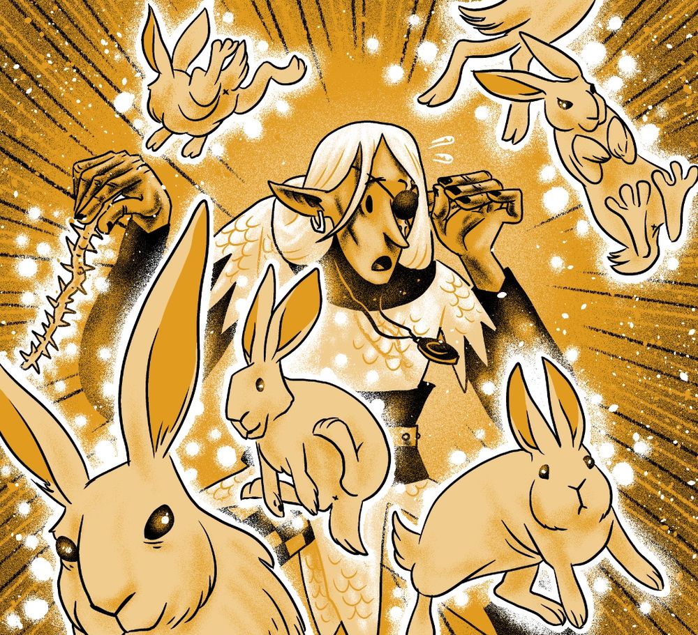Ilustração de um elfo segurando uma varinha espinhosa. Ele parece surpreso, como se algo tivesse dado errado. A varinha brilha e seis coelhos surgem no ar.