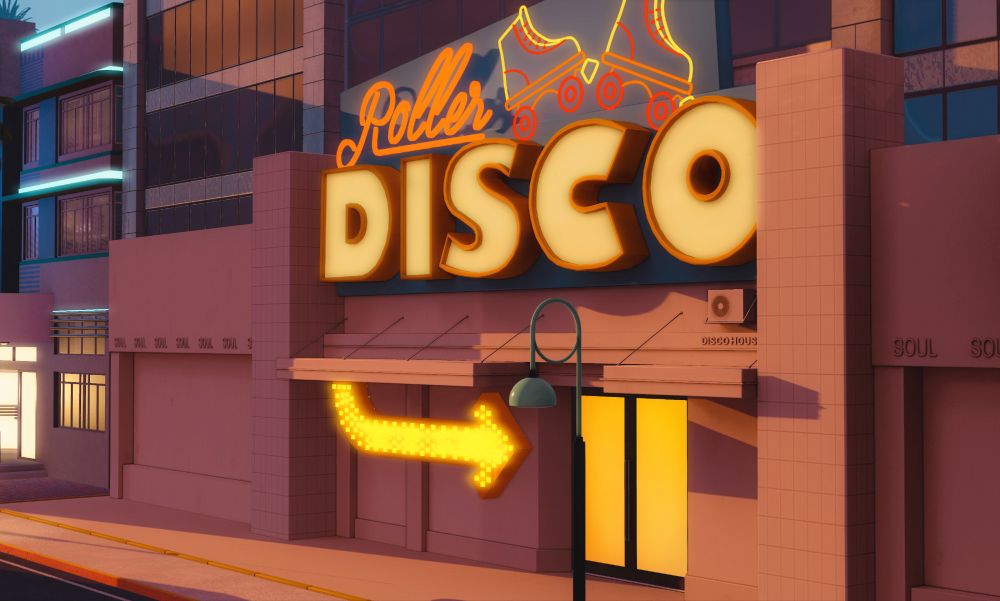 Image of a roller disco entrance illuminated by a neon flashing arrow pointing to the bright yellow glowing doors at sunset. Image rendered in Secondlife.