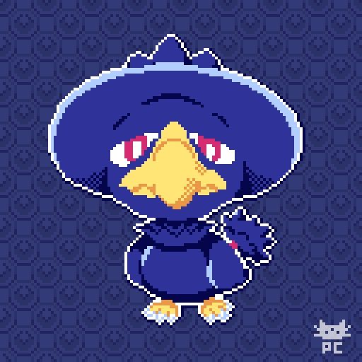 A pixel art rendition of the Pokemon Murkrow facing the viewer head on. The background is a tiling pattern of the dark type symbol.