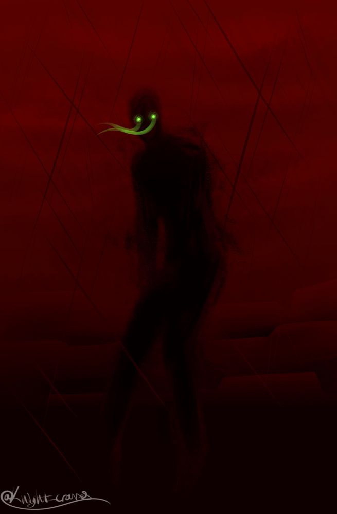 A humanoid silhouette with glowing green eyes staring the the viewer. The background is a deep red sky and dark rain.