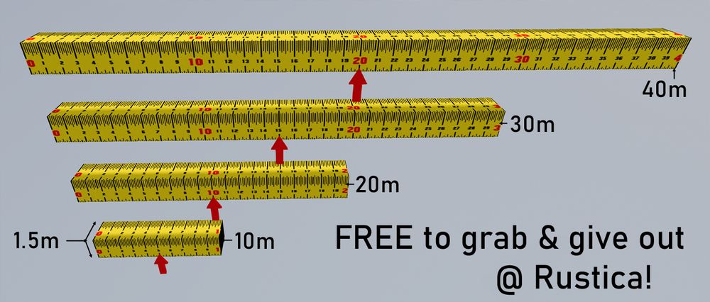 Set of 4 builders scale reference rulers - 10m, 20m, 30m, 40m - x1.5m. Each is linked to a red indicator arrow which you can adjust, scale, color or move - even copy another if you need more than one reference mark.