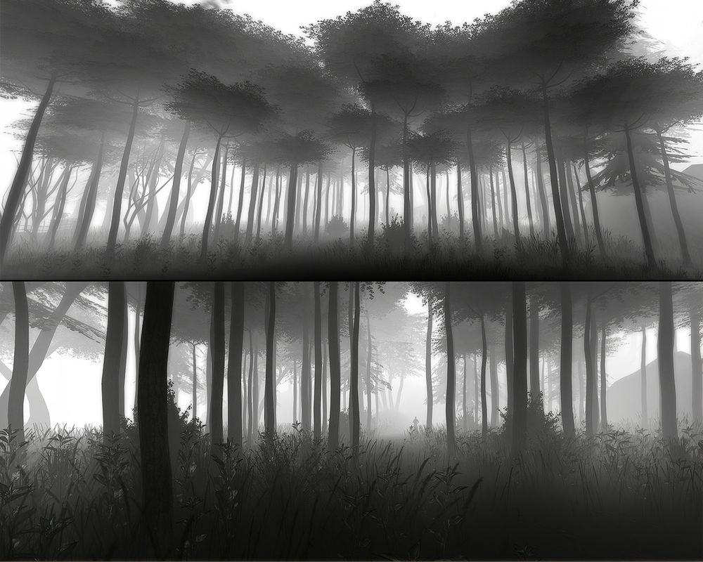 Pictures of the lighting and atmospheric gloom under the canopy of dense, tall trees. While more stylized than realistic, the overall feel and light of such a place was something I have wanted to capture for many years and never fully realized my vision for it until now.