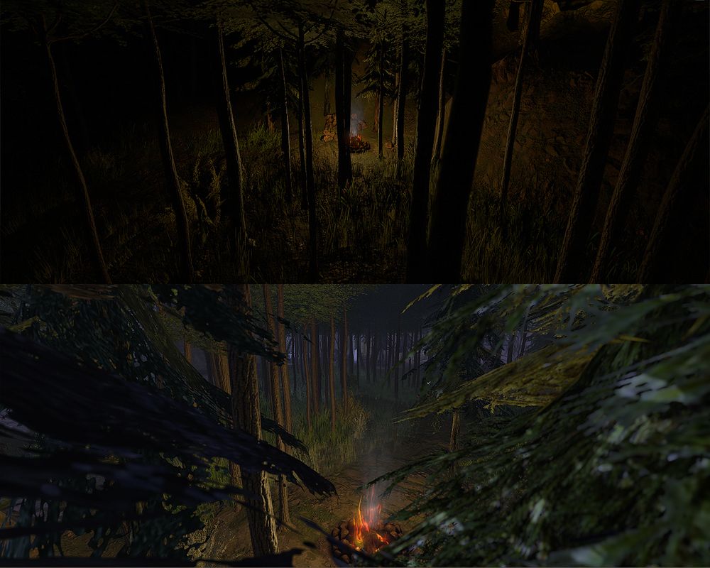 Under different lighting conditions with the new EEP settings, a wide range of looks and impressions can be had. Here are two images showing approaching nightfall and the darkest of moonless nights around a warm campfire in the forest. Making them spooky is a big part of what I was trying to accomplish.