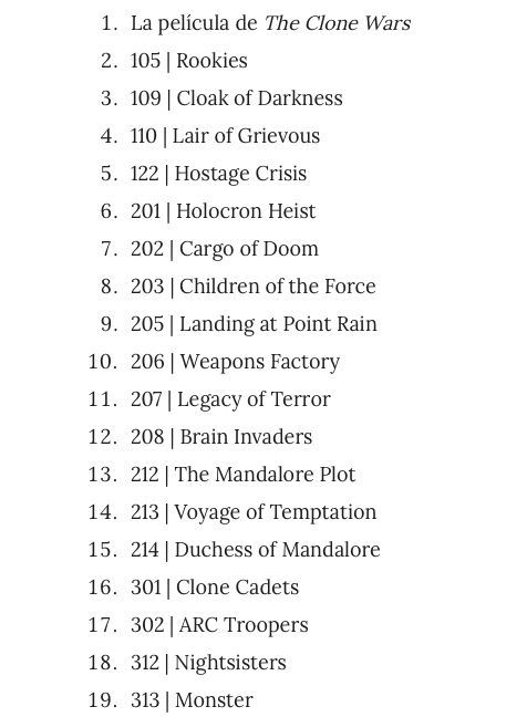 lista de capítulos The Clone Wars orden machete parte 1