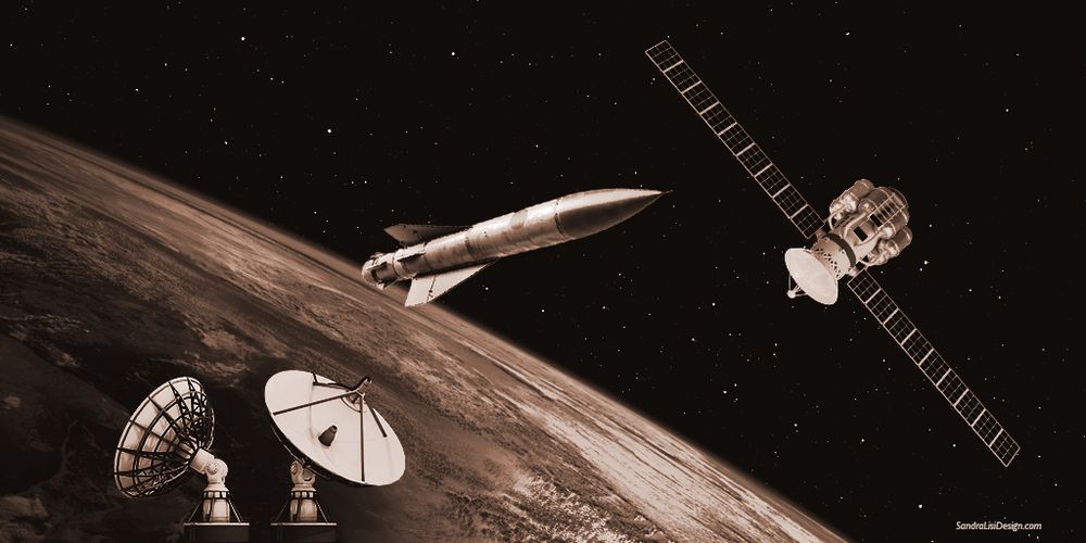 Picture of the earth from space, with ground station, delivery rocket and satellite images.
