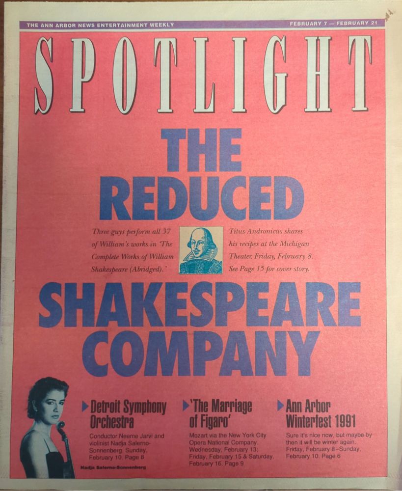 The cover of the Ann Arbor News Entertainment Weekly for February 1990 with The RSC and CWOWSA featured.