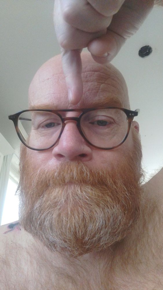 Selfie waarop ik mijn eigen bril aanwijs
Ik ben een dikke witte man met roodgrijze baard en kale kop