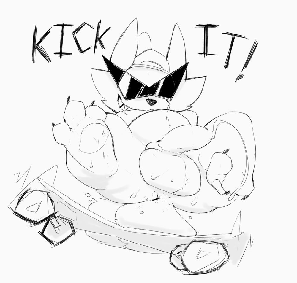 NSFW Furry art by Keysden. Sketch of a certain radioactive fox doing a cool kick flip. His nuts are huge and swinging with a trail of pre getting whipped around mid-trick. what a rad fox.
#furryart #denart #paws #sweat #musk #undertale