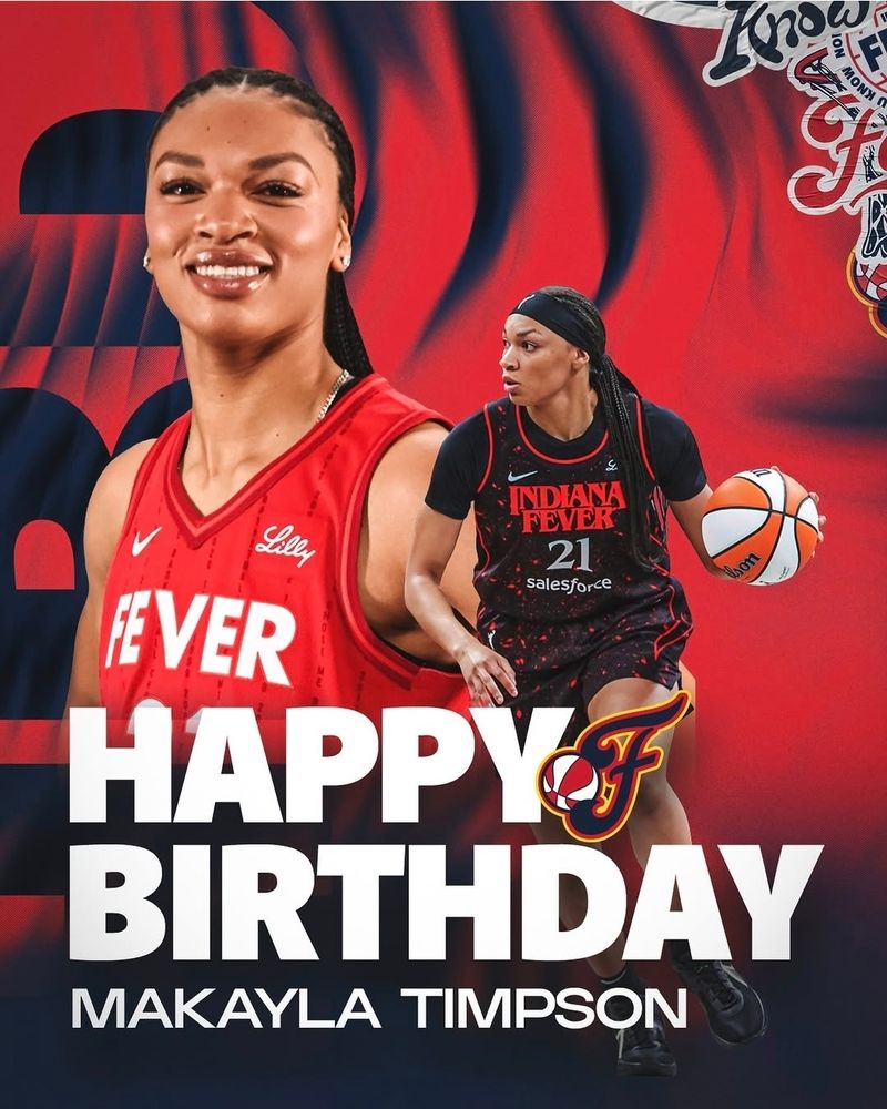 Red and black Indiana Fever graphic wishing Makayla Timpson a Happy Birthday with 2 images of Makayla and her perfect eyebrows 