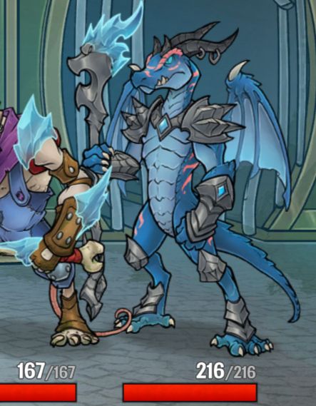 The cropped picture depicts an enemy Dracomancer from the game Across the Obelisk. The Dracomancer is a bipedal, anthropomorphic dragon with a pair of wings on its back, sporting minimal armor and no pants.