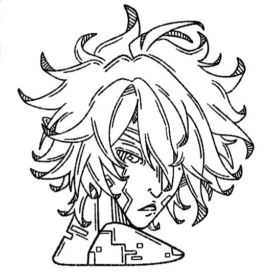 a lined bust of my hsr oc, anthea. he's looking over his shoulder, with his hair covering one eye. his skin is slowly being corrupted by glitches.